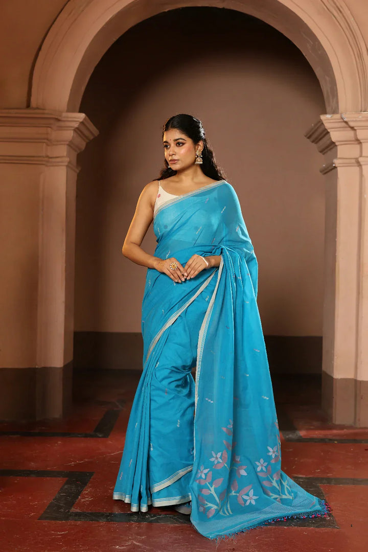 Handloom Firozi Pure Cotton Contemporary Jamdani Saree | SHOBITAM