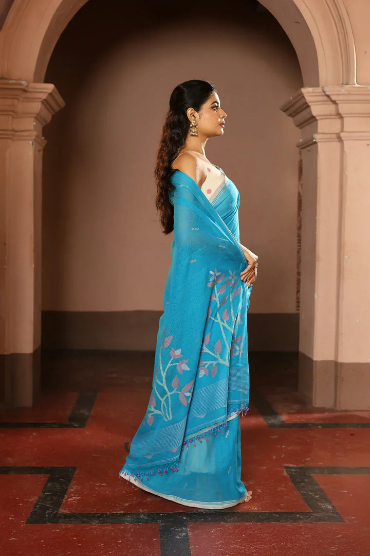 Handloom Firozi Pure Cotton Contemporary Jamdani Saree | SHOBITAM
