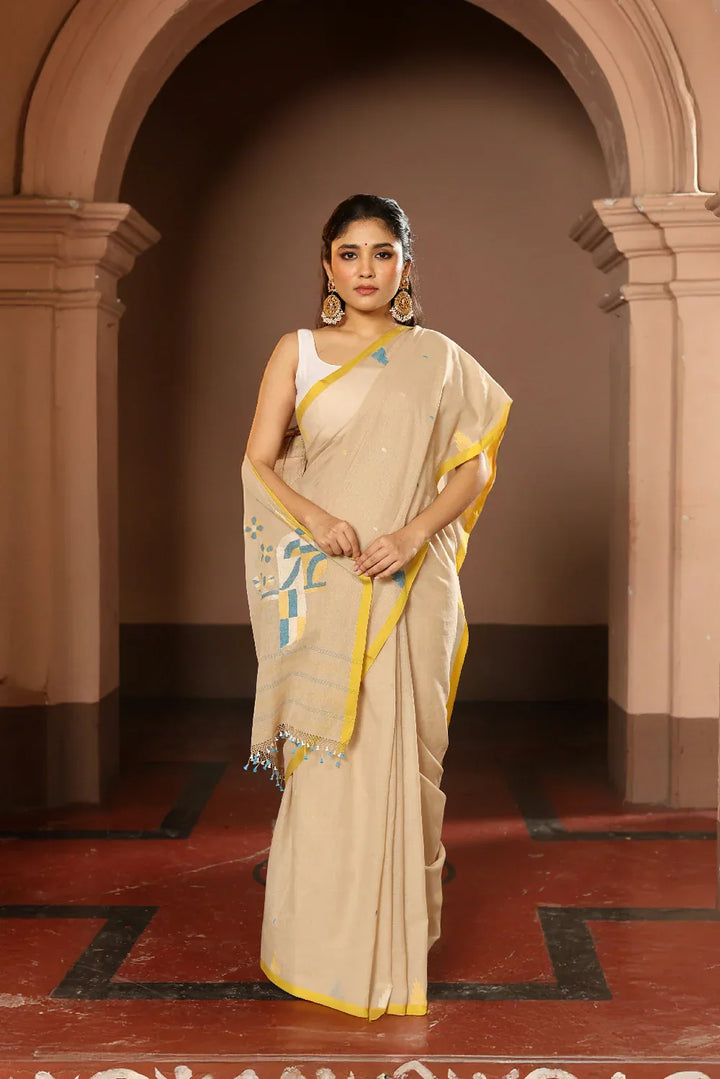 Handloom Beige Pure Cotton Jamdani Saree With Bird Motifs | SHOBITAM