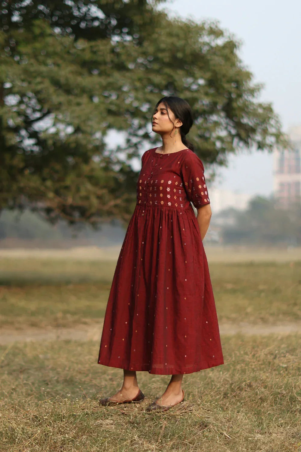 Amara Wine Jamdani Dress | SHOBITAM