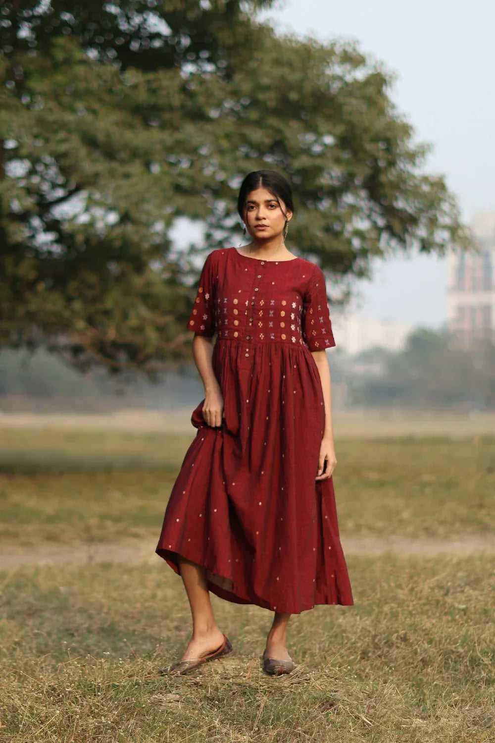Amara Wine Jamdani Dress | SHOBITAM