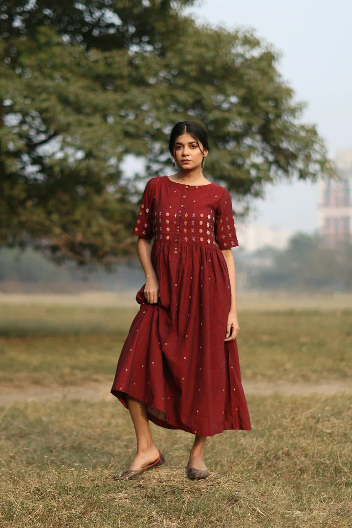 Amara Wine Jamdani Dress | SHOBITAM