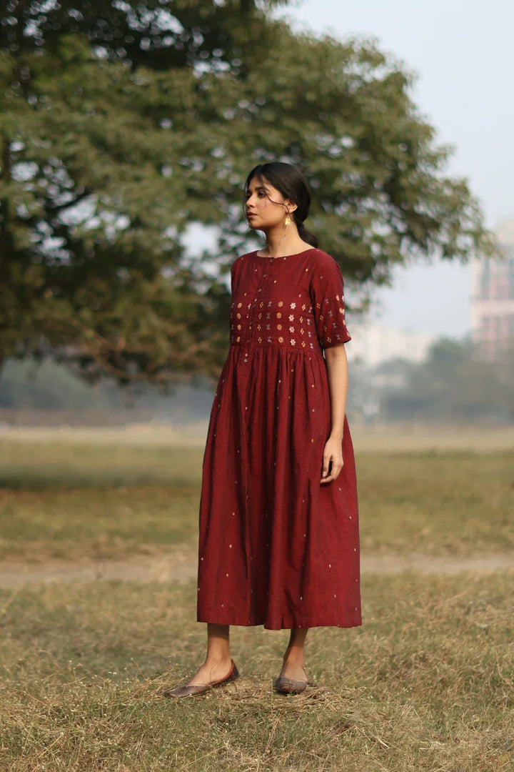 Amara Wine Jamdani Dress | SHOBITAM