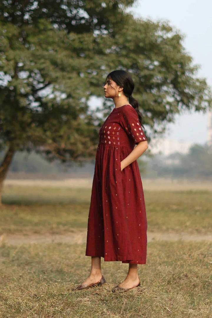 Amara Wine Jamdani Dress | SHOBITAM