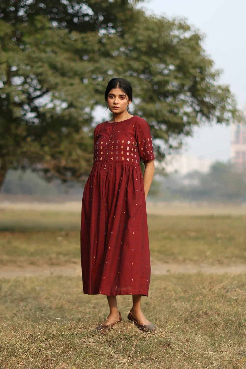 Amara Wine Jamdani Dress | SHOBITAM
