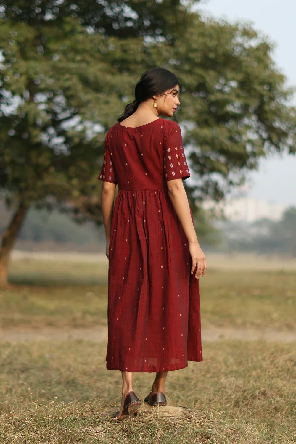 Amara Wine Jamdani Dress | SHOBITAM