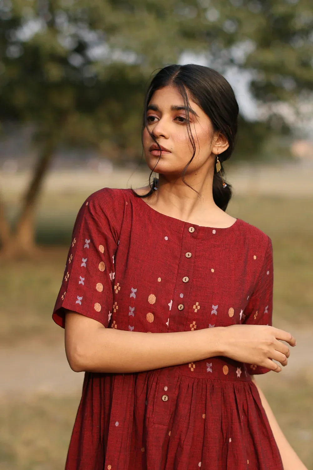 Amara Wine Jamdani Dress | SHOBITAM