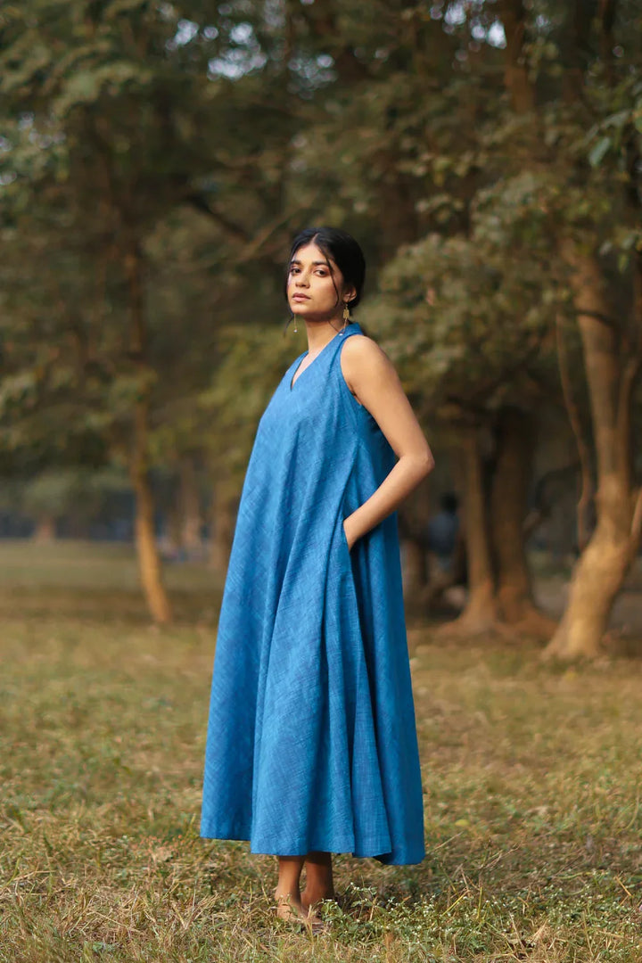 Aquina Blue Cotton Dress | SHOBITAM