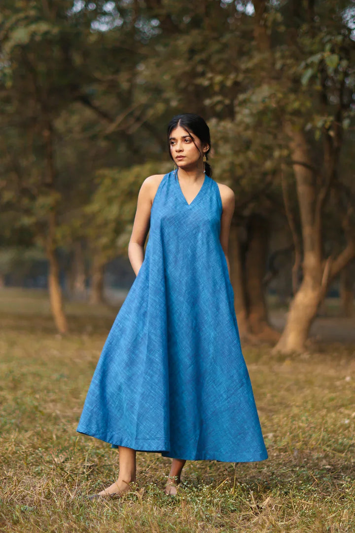 Aquina Blue Cotton Dress | SHOBITAM