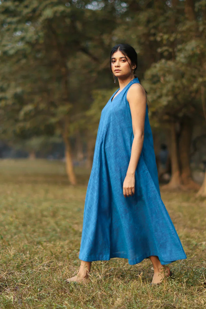 Aquina Blue Cotton Dress | SHOBITAM