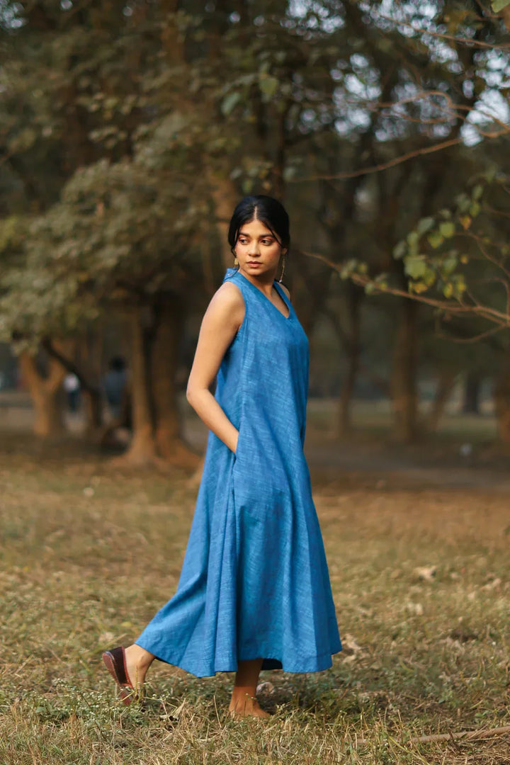 Aquina Blue Cotton Dress | SHOBITAM