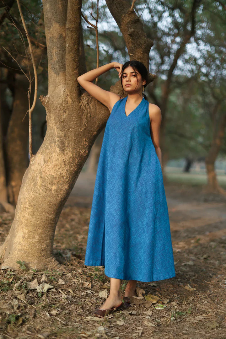 Aquina Blue Cotton Dress | SHOBITAM