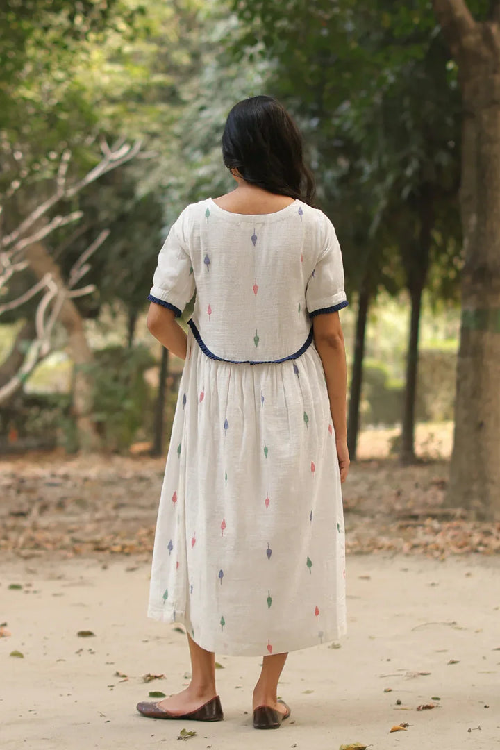 Pearl White Jamdani Cotton Dress | SHOBITAM