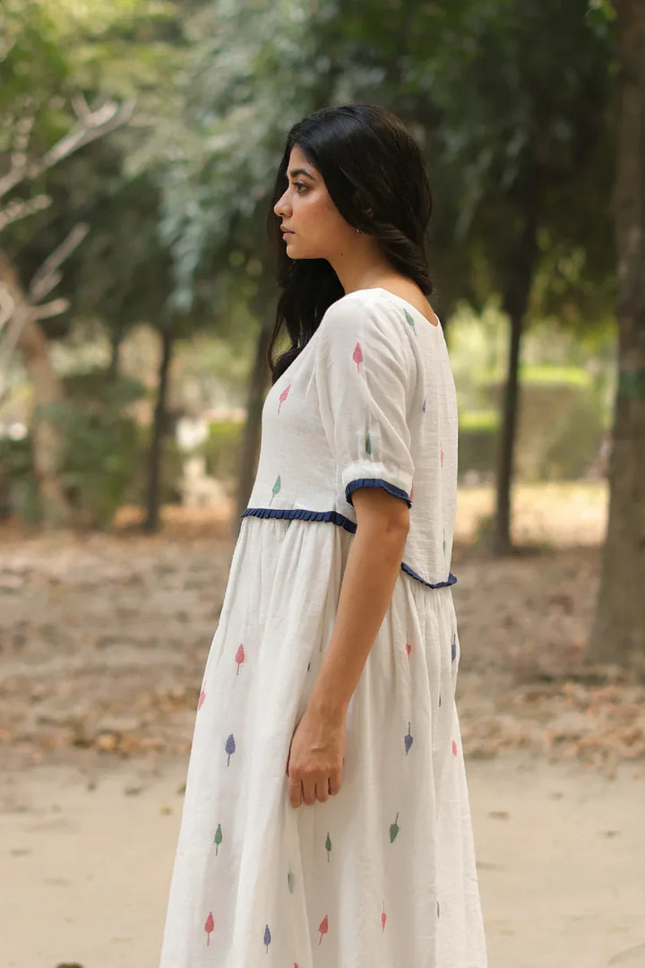 Pearl White Jamdani Cotton Dress | SHOBITAM