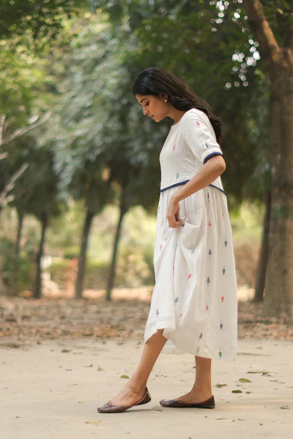 Pearl White Jamdani Cotton Dress | SHOBITAM