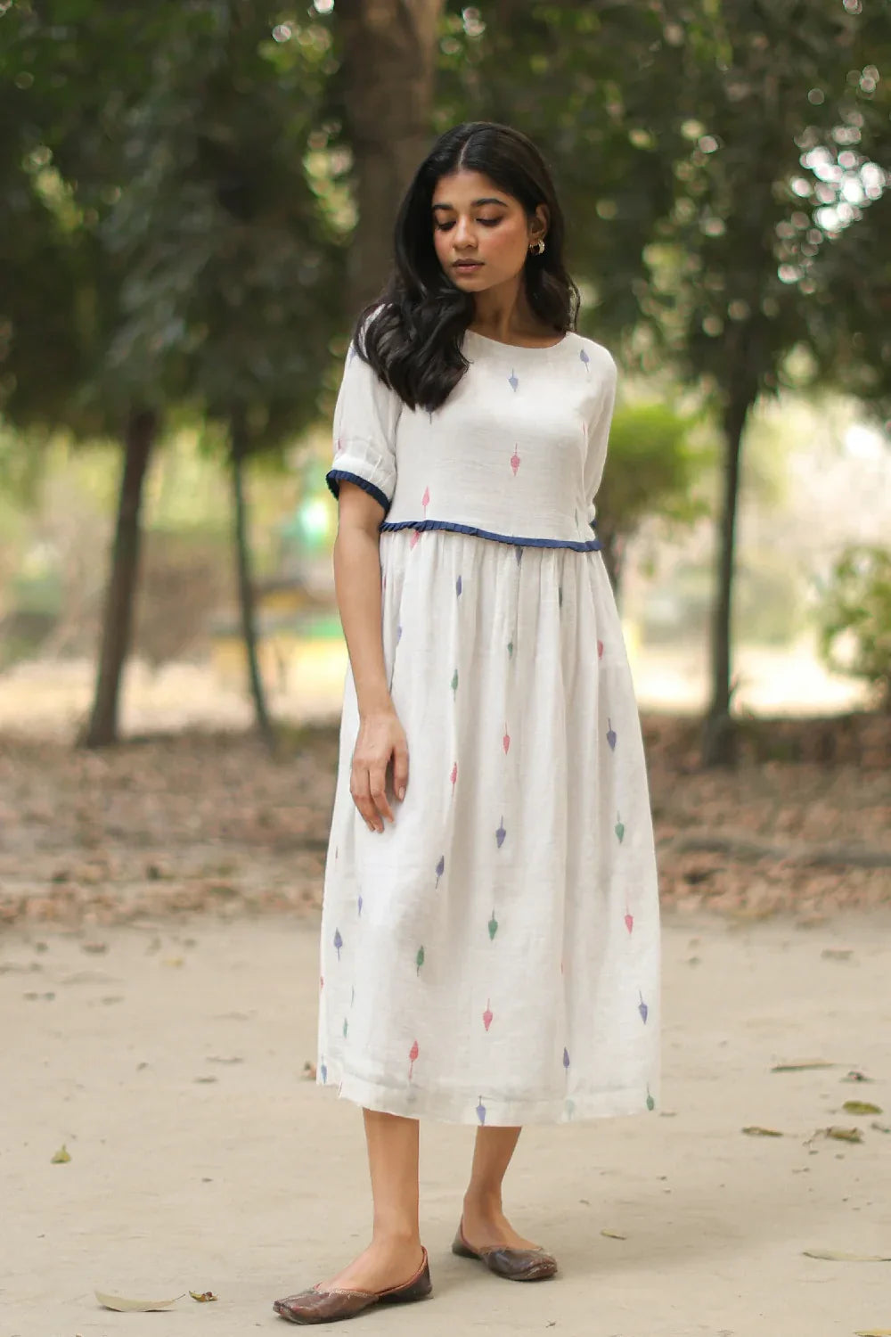 Pearl White Jamdani Cotton Dress | SHOBITAM