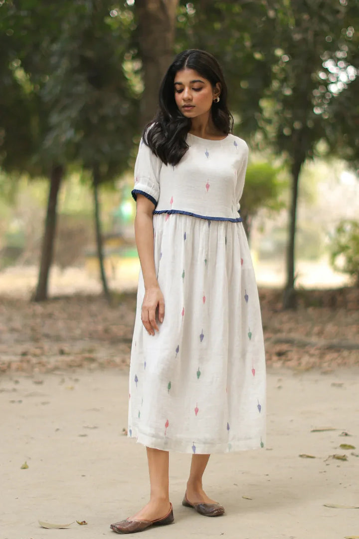 Pearl White Jamdani Cotton Dress | SHOBITAM
