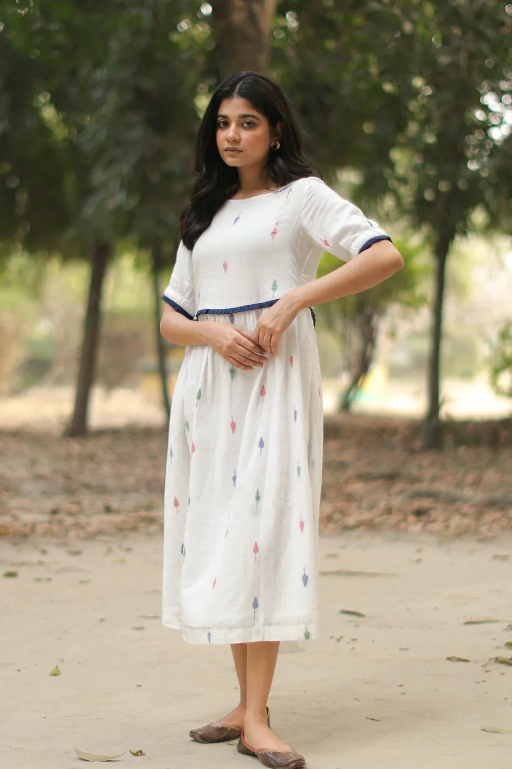 Pearl White Jamdani Cotton Dress | SHOBITAM