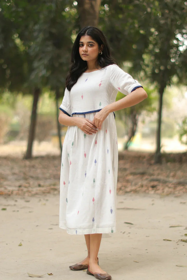 Pearl White Jamdani Cotton Dress | SHOBITAM