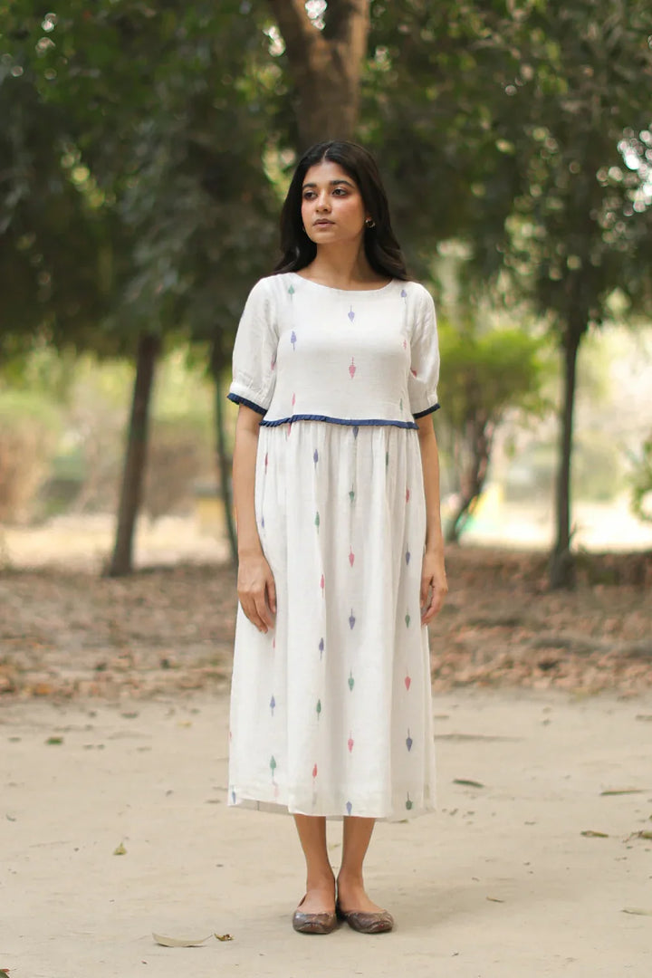 Pearl White Jamdani Cotton Dress | SHOBITAM