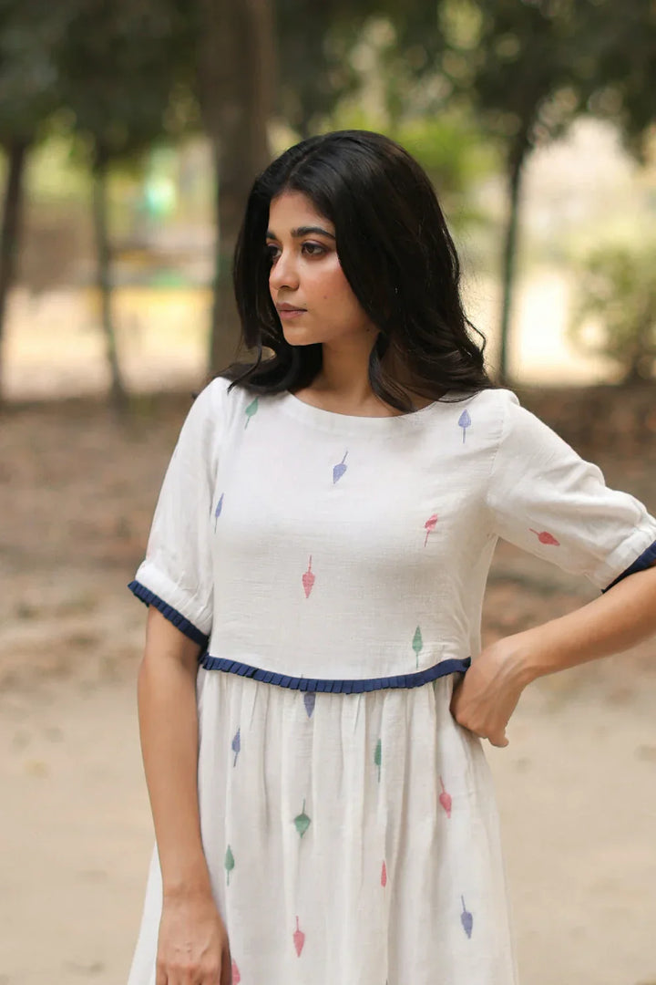Pearl White Jamdani Cotton Dress | SHOBITAM