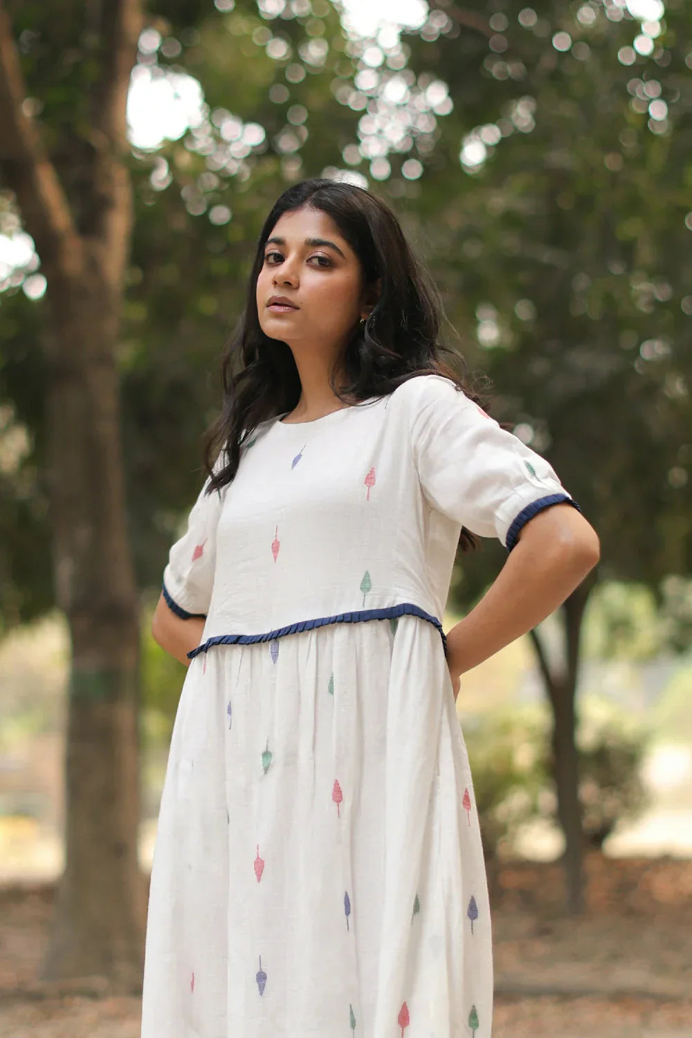 Pearl White Jamdani Cotton Dress | SHOBITAM