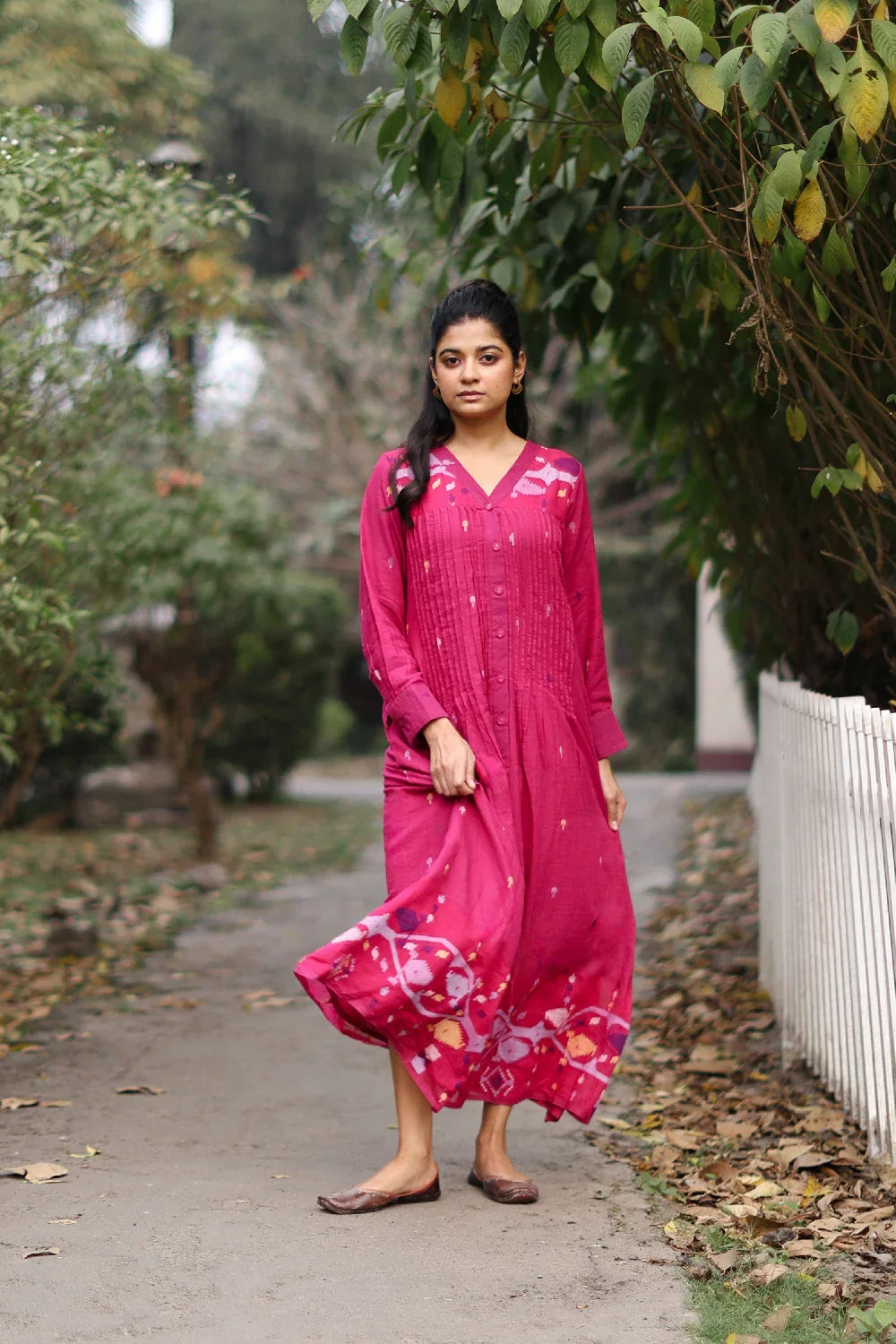 Fuchsia Pink Jamdani Cotton Dress with Silk Woven Border | SHOBITAM