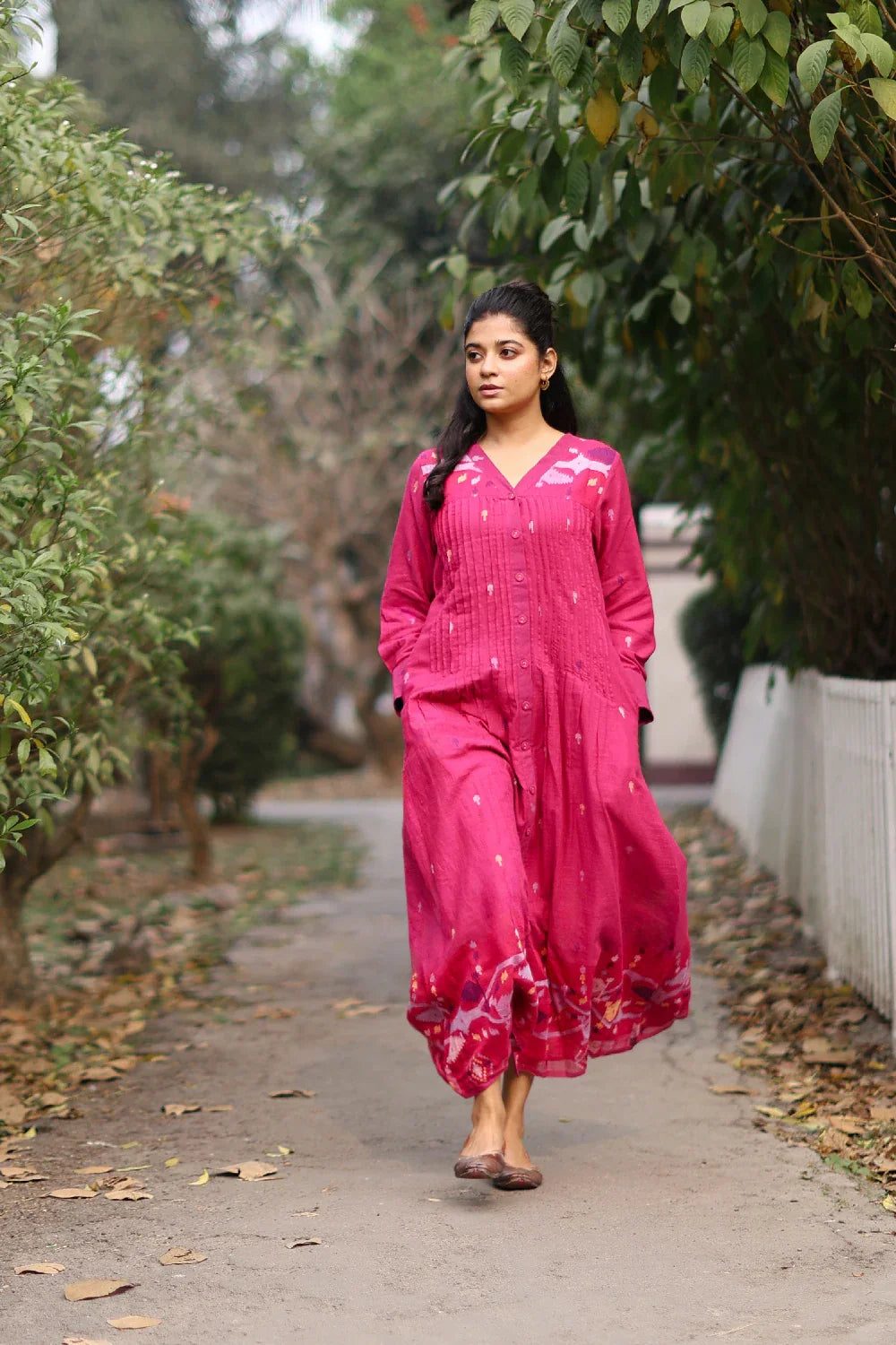 Fuchsia Pink Jamdani Cotton Dress with Silk Woven Border | SHOBITAM