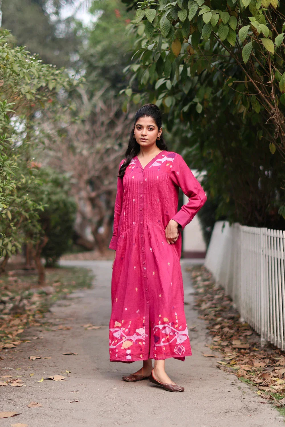 Fuchsia Pink Jamdani Cotton Dress with Silk Woven Border | SHOBITAM