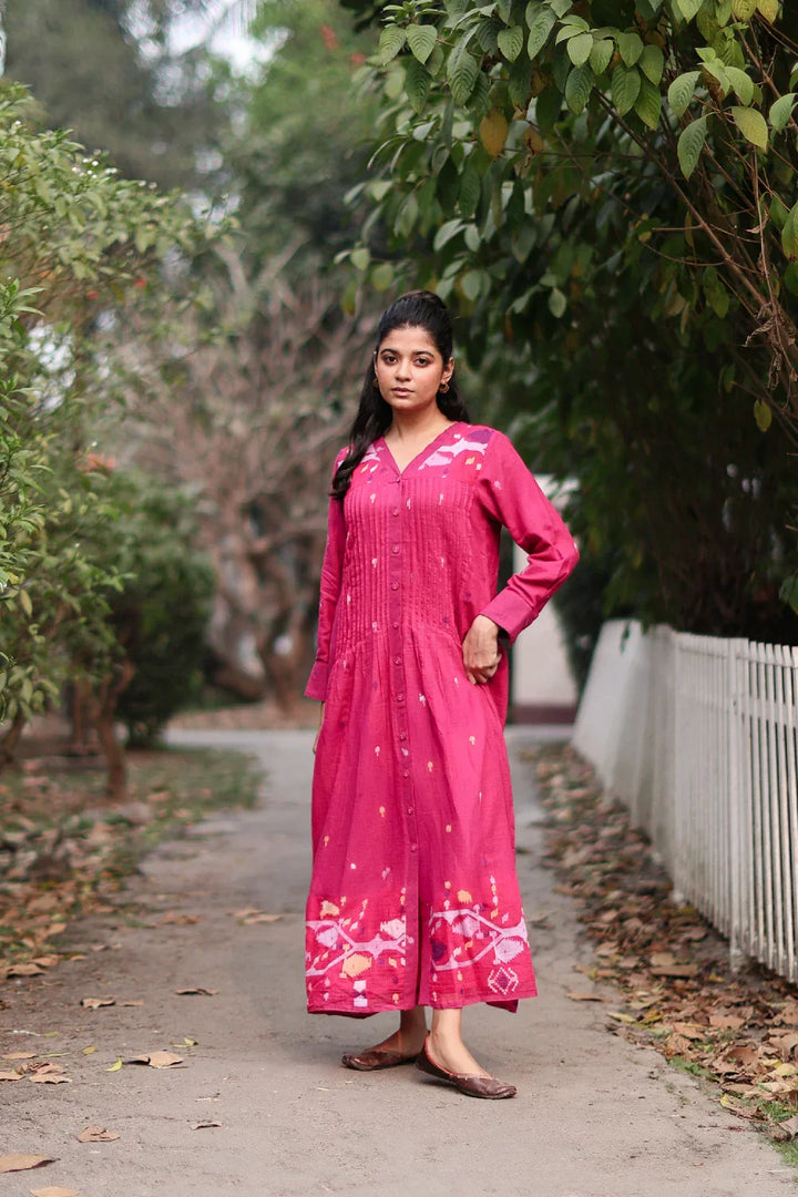 Fuchsia Pink Jamdani Cotton Dress with Silk Woven Border | SHOBITAM
