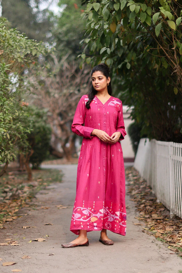 Fuchsia Pink Jamdani Cotton Dress with Silk Woven Border | SHOBITAM