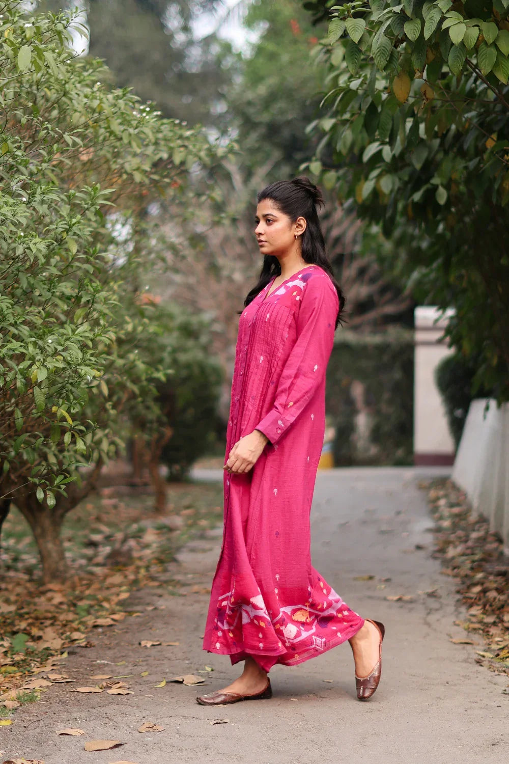 Fuchsia Pink Jamdani Cotton Dress with Silk Woven Border | SHOBITAM