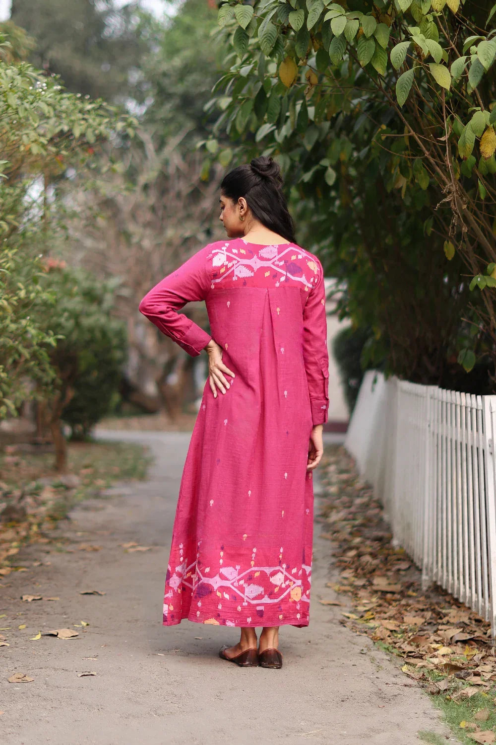 Fuchsia Pink Jamdani Cotton Dress with Silk Woven Border | SHOBITAM