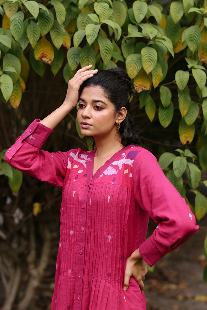 Fuchsia Pink Jamdani Cotton Dress with Silk Woven Border | SHOBITAM