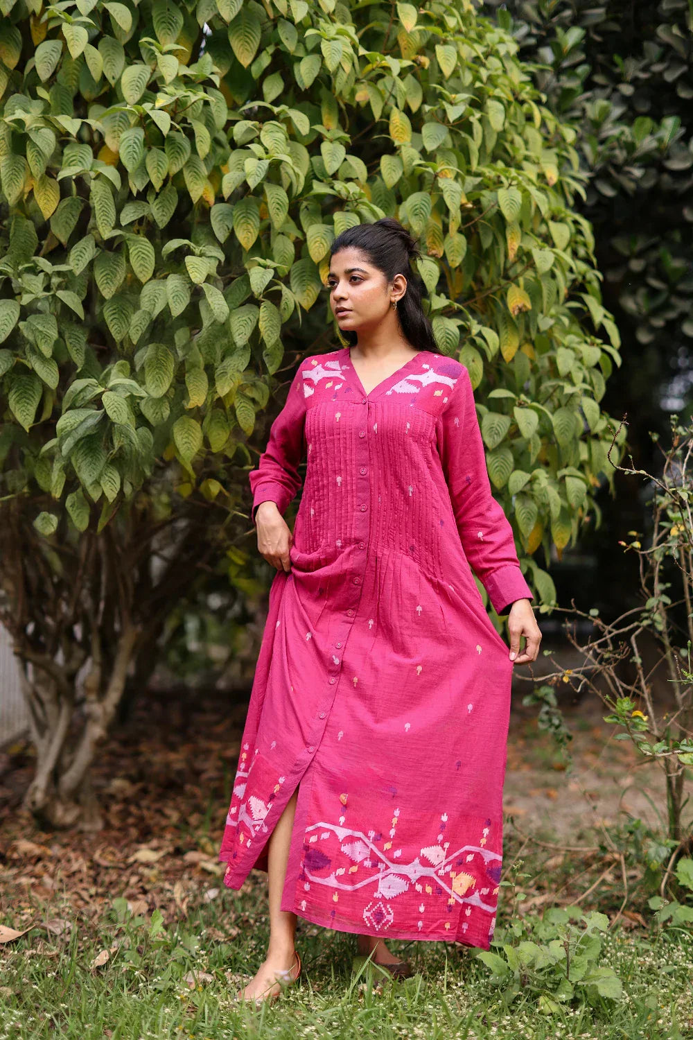 Fuchsia Pink Jamdani Cotton Dress with Silk Woven Border | SHOBITAM