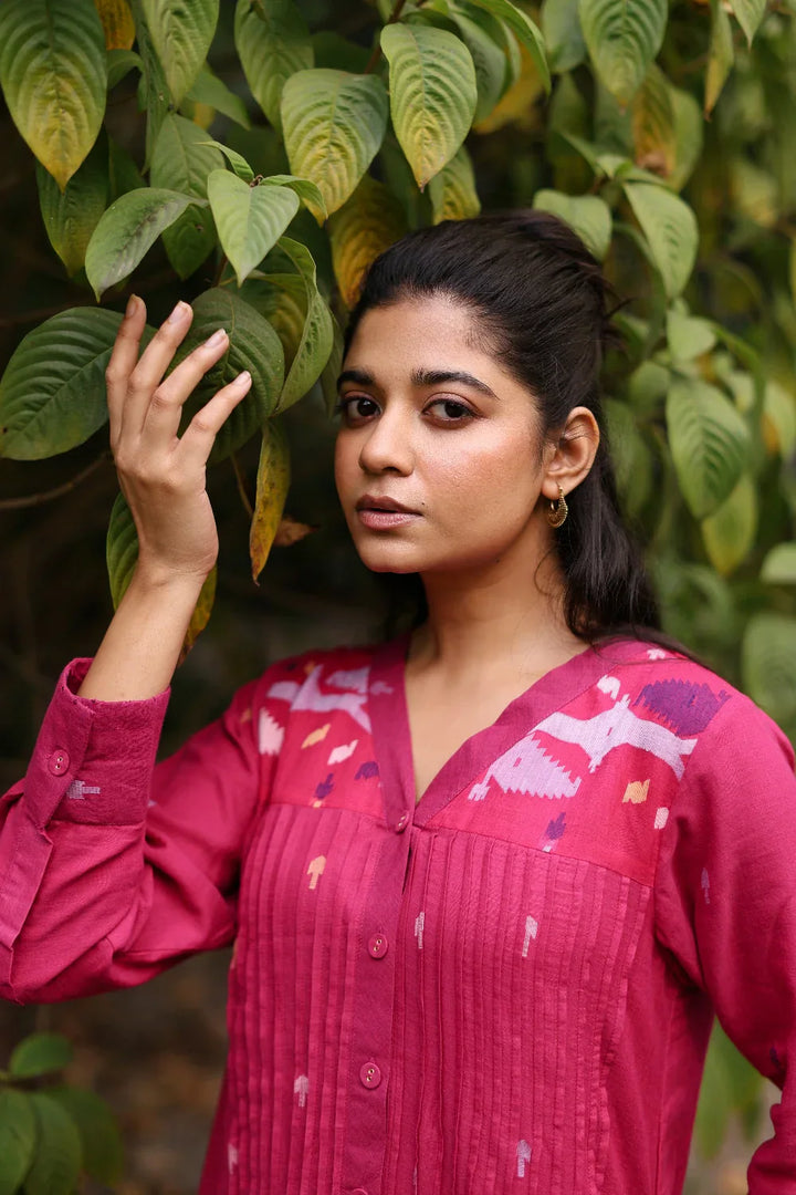 Fuchsia Pink Jamdani Cotton Dress with Silk Woven Border | SHOBITAM