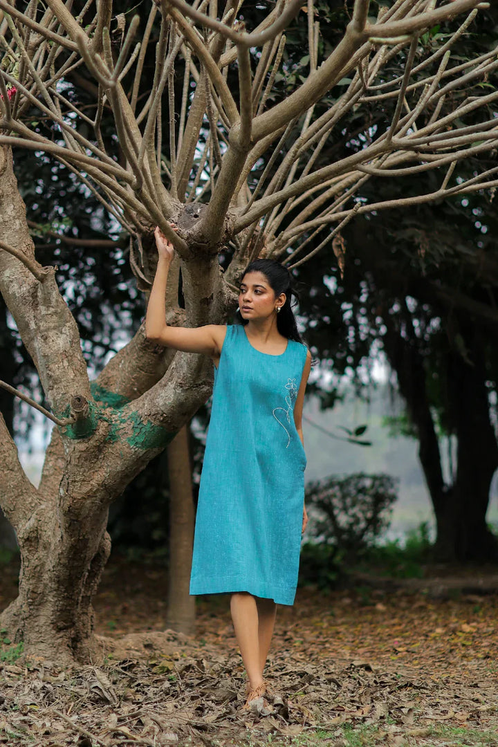 Turquoise Muse Cotton Dress | SHOBITAM