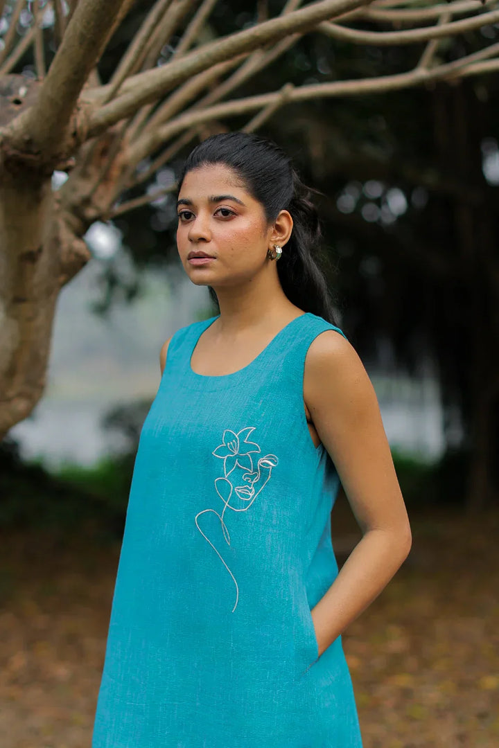 Turquoise Muse Cotton Dress | SHOBITAM