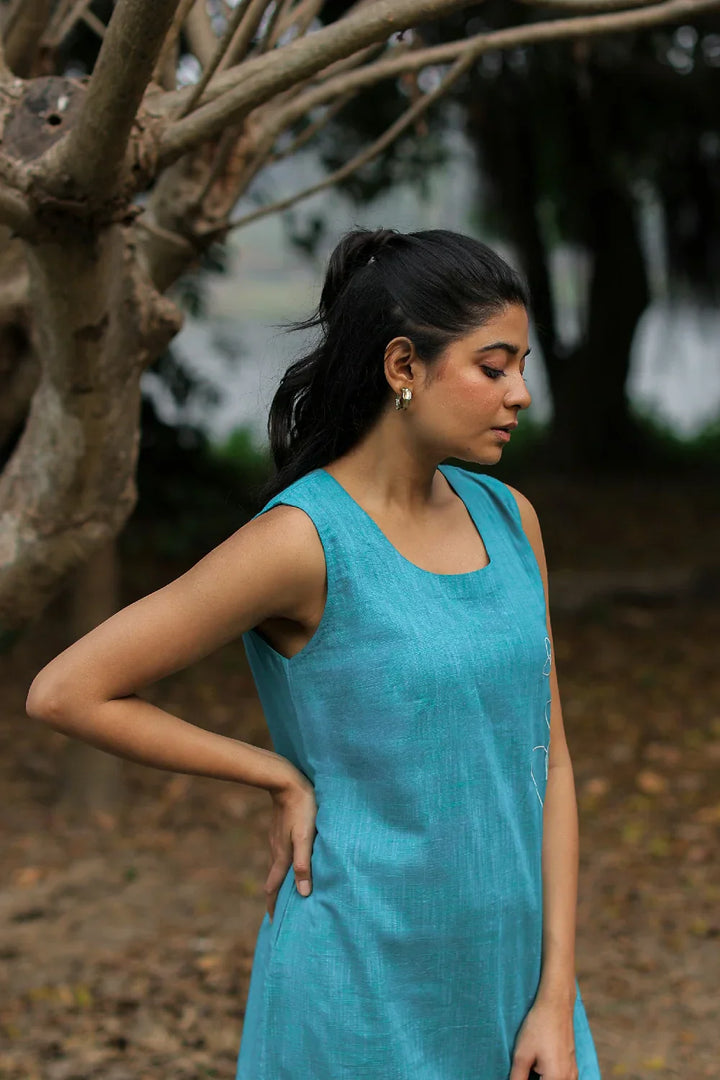 Turquoise Muse Cotton Dress | SHOBITAM