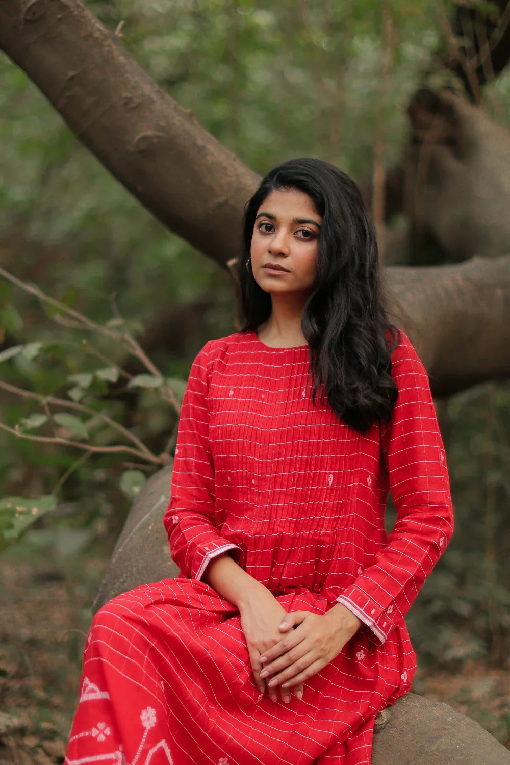 Scarlet Red Cotton Jamdani Dress | SHOBITAM