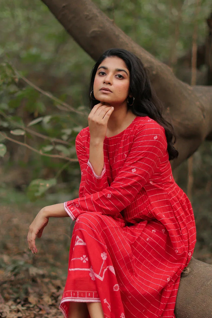 Scarlet Red Cotton Jamdani Dress | SHOBITAM