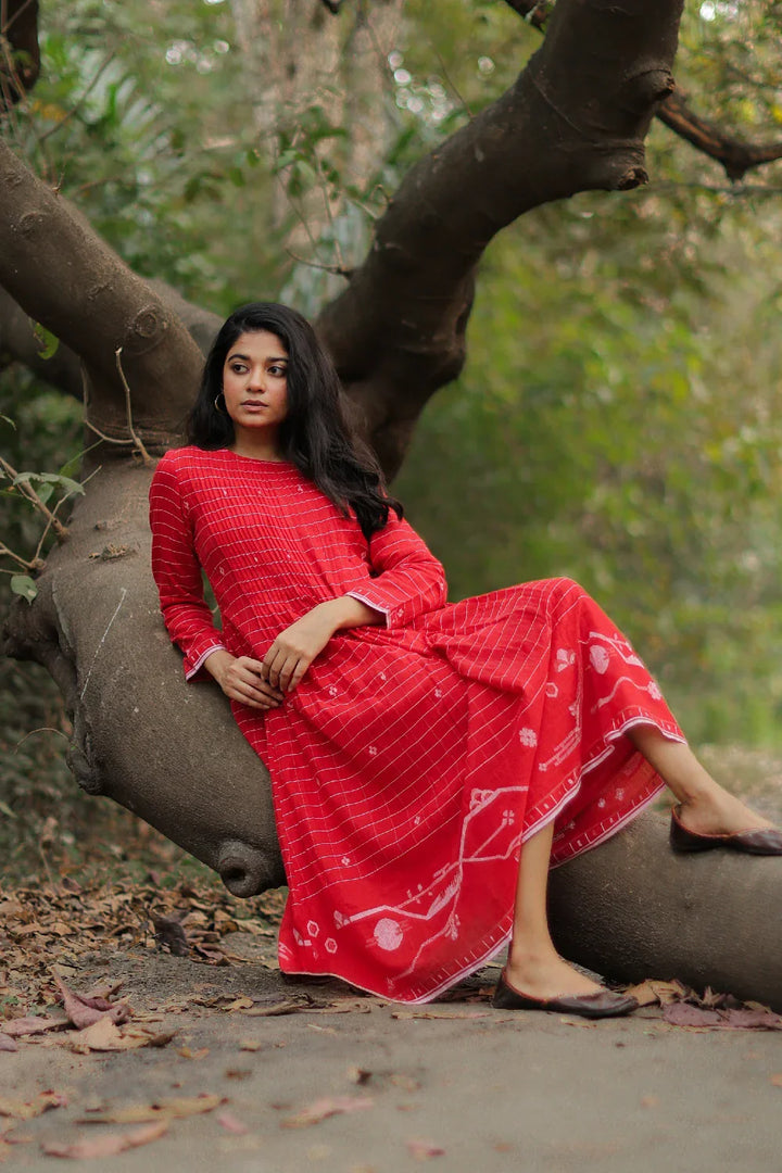 Scarlet Red Cotton Jamdani Dress | SHOBITAM
