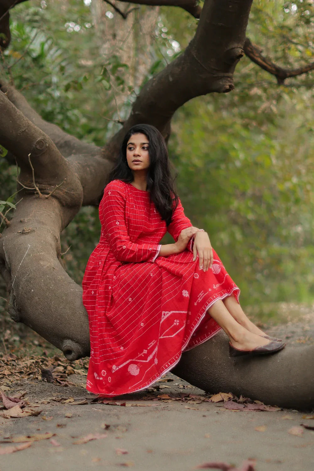 Scarlet Red Cotton Jamdani Dress | SHOBITAM