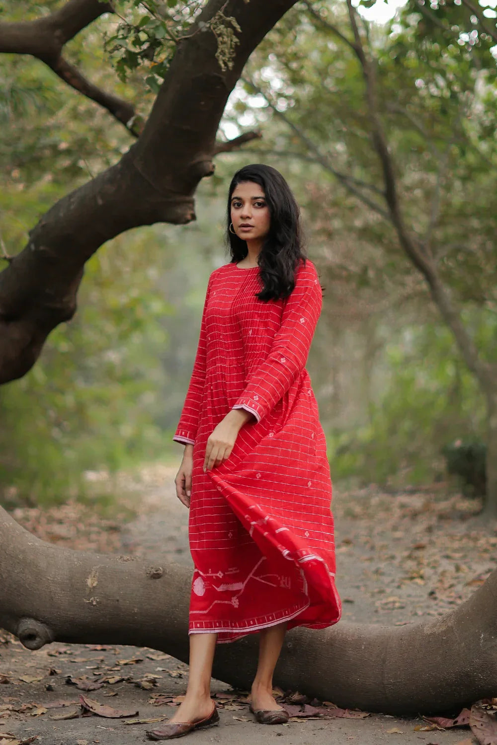Scarlet Red Cotton Jamdani Dress | SHOBITAM