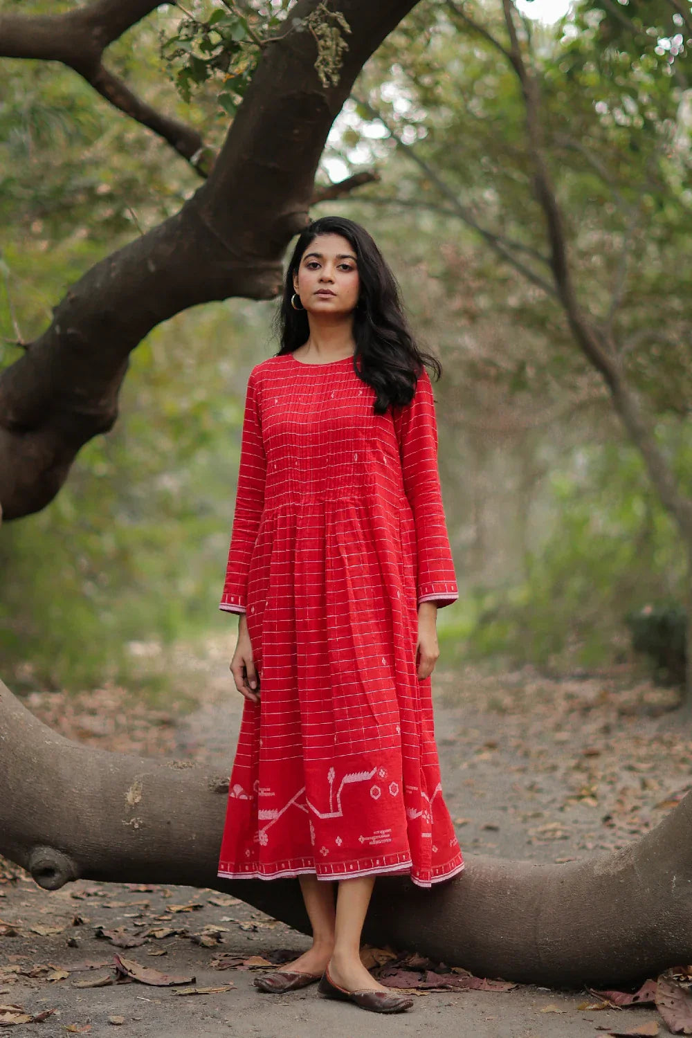 Scarlet Red Cotton Jamdani Dress | SHOBITAM