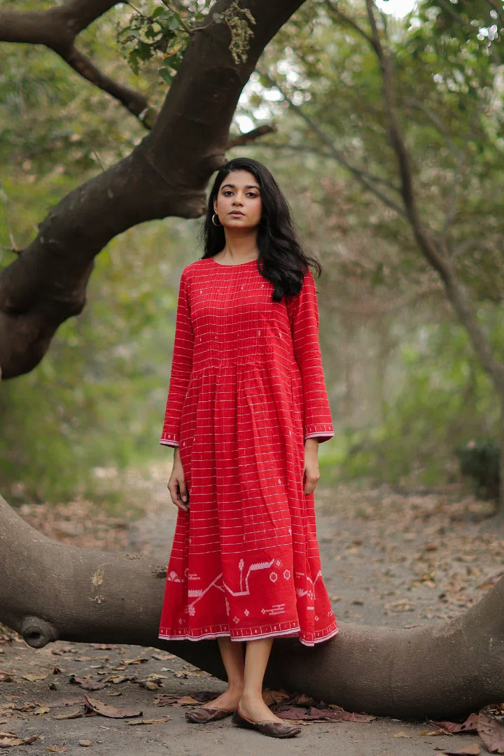 Scarlet Red Cotton Jamdani Dress | SHOBITAM