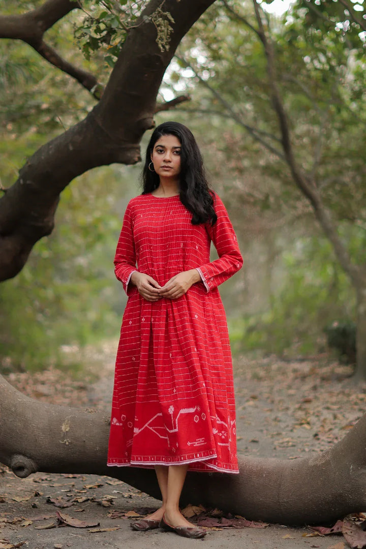 Scarlet Red Cotton Jamdani Dress | SHOBITAM