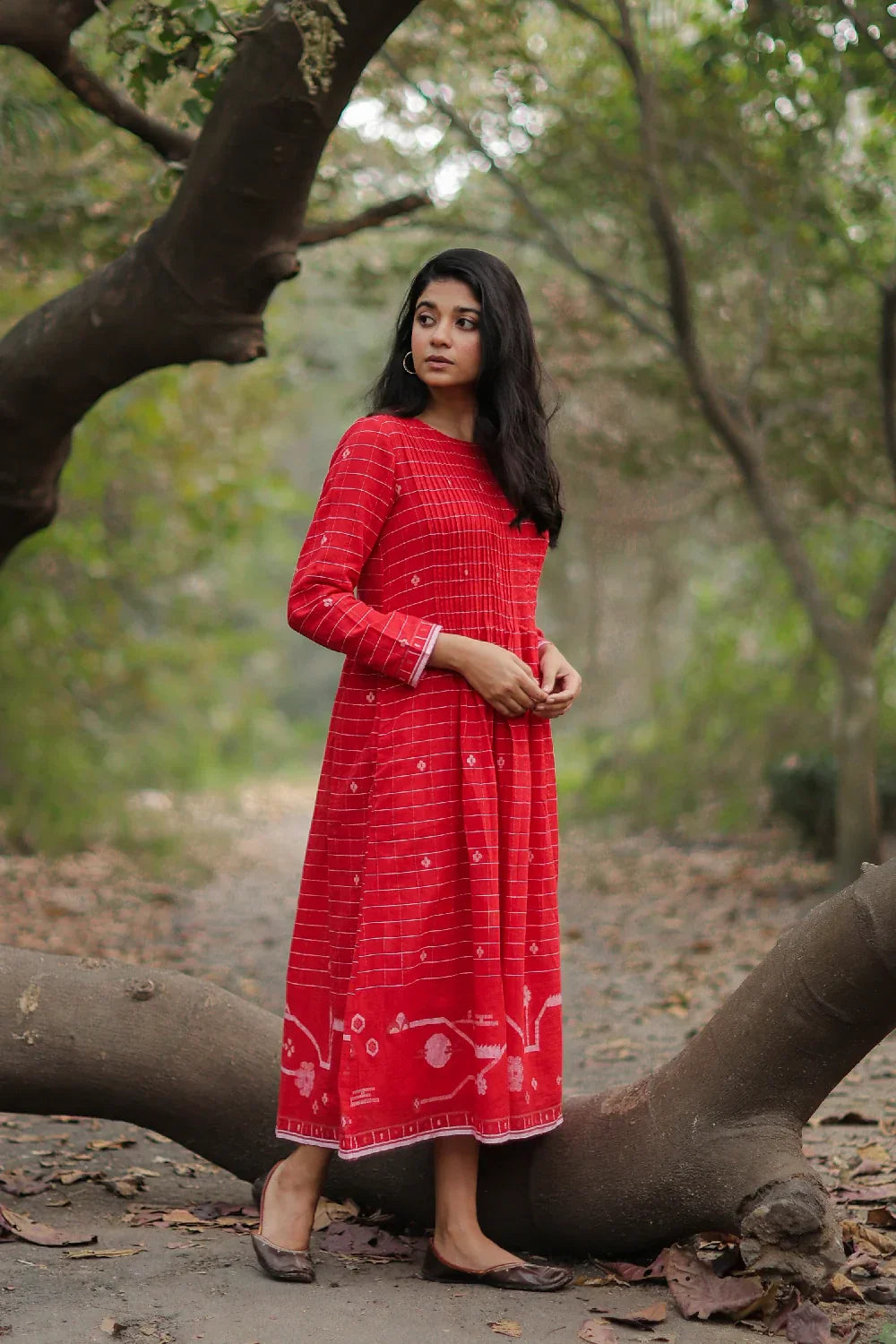 Scarlet Red Cotton Jamdani Dress | SHOBITAM
