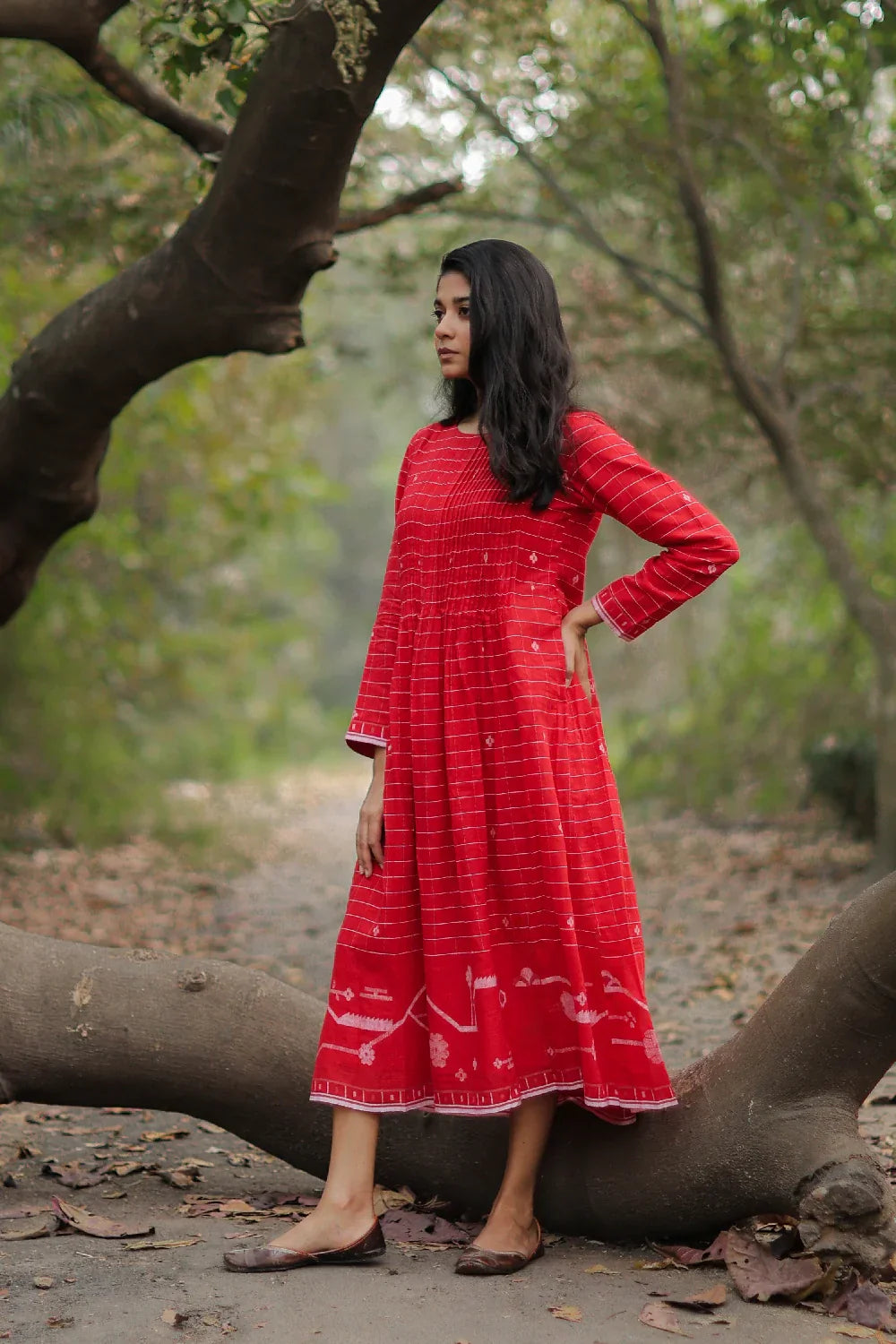 Scarlet Red Cotton Jamdani Dress | SHOBITAM