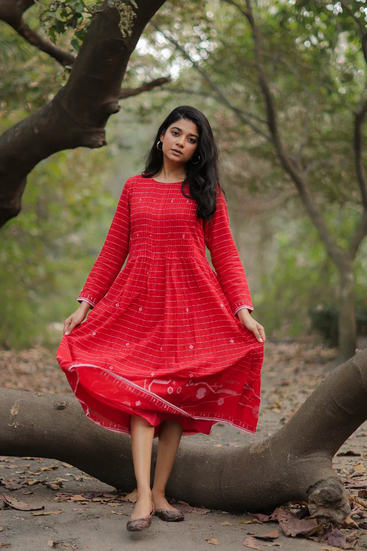 Scarlet Red Cotton Jamdani Dress | SHOBITAM